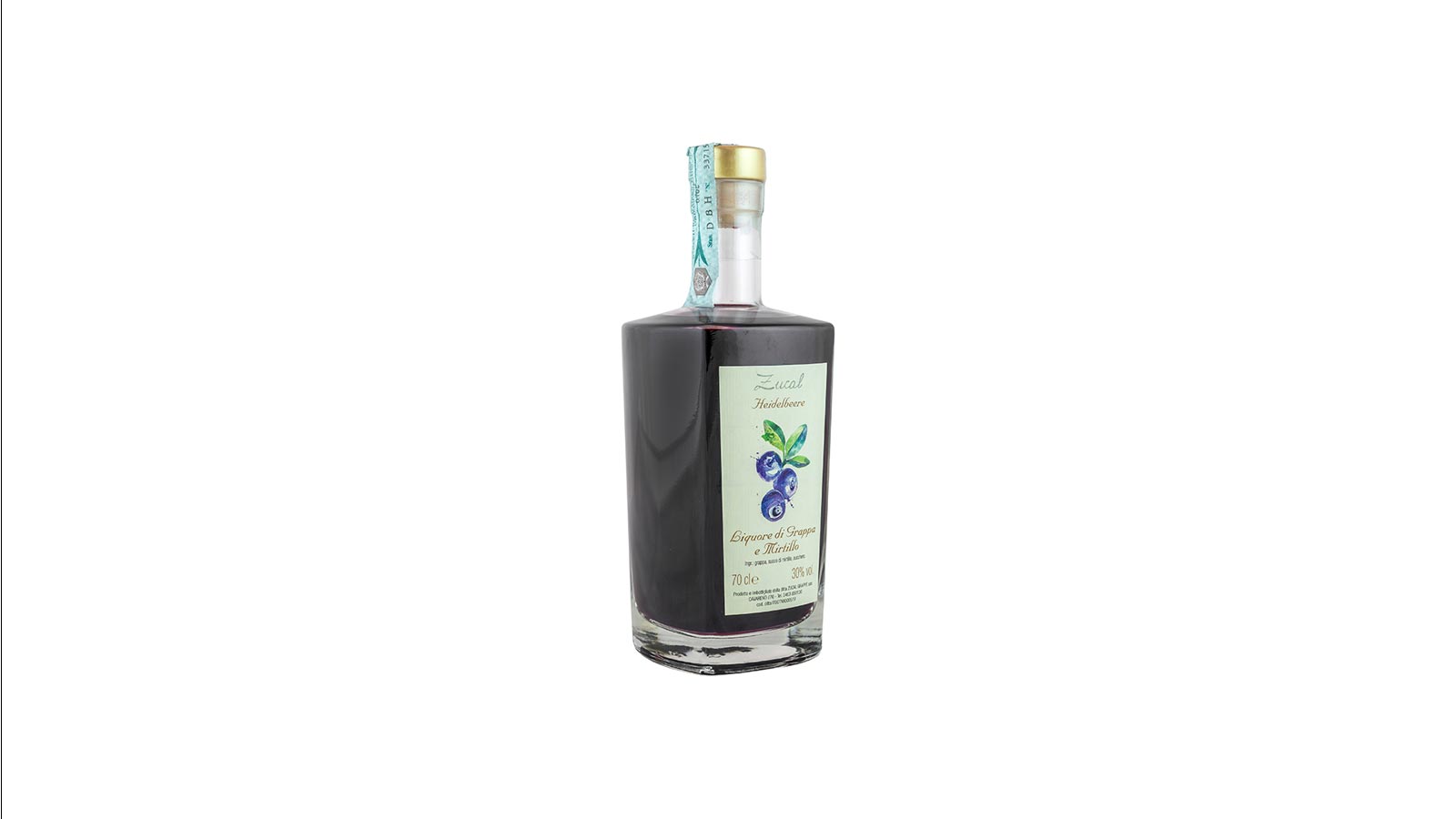 Su sfondo bianco, un prodotto dello Zucal Grappe, nello specifico una bottiglia di liquore di grappa e mirtillo, dalla colorazione violacea.